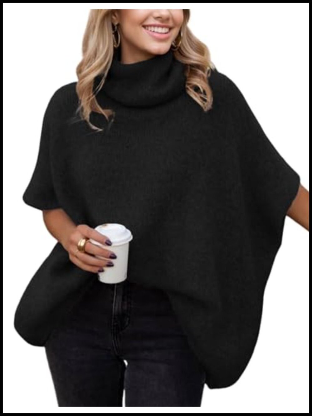 Oversized Chunky Knit Turtleneck Sweater Batwing Short Sleeve Pullover